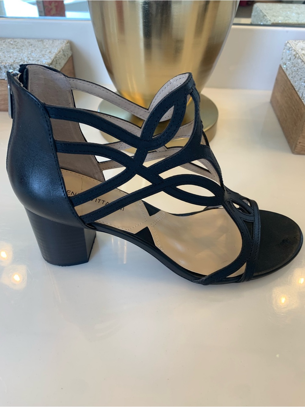 Adrienne Vittadini Black Cutout Strappy Block Heel Sandal